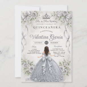 Silver Bow Quinceañera Dress Girl Birthday Floral Invitation