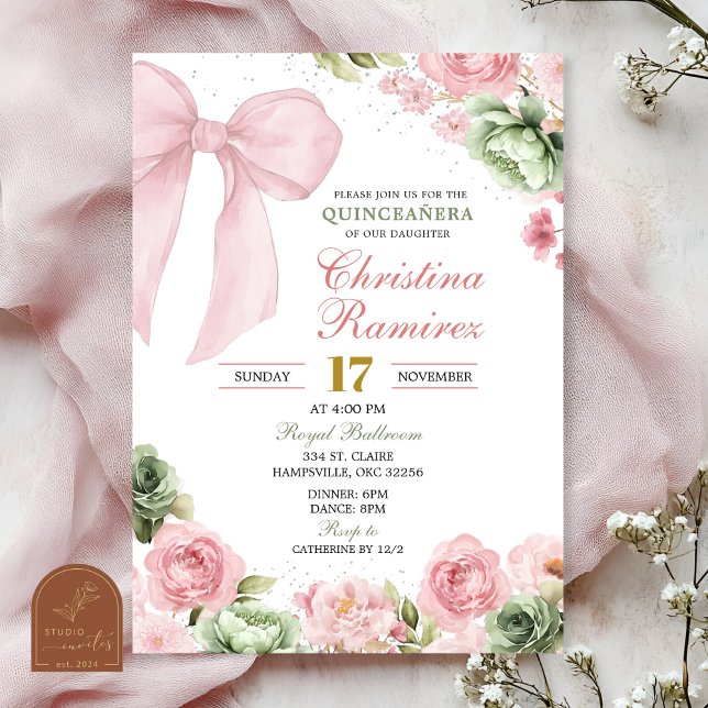 Silver Bow Sage Pink Coquette Floral Quinceanera Invitation (Creator Uploaded)
