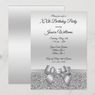 Silver Bow & Silver Glitters Birthday Invitation