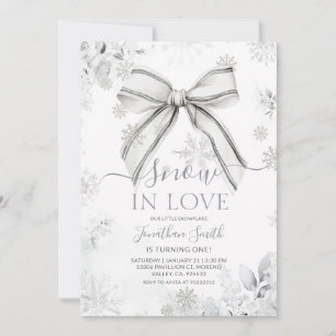 Silver Bow Snow In Love Snowflake 1st Birthday Invitation