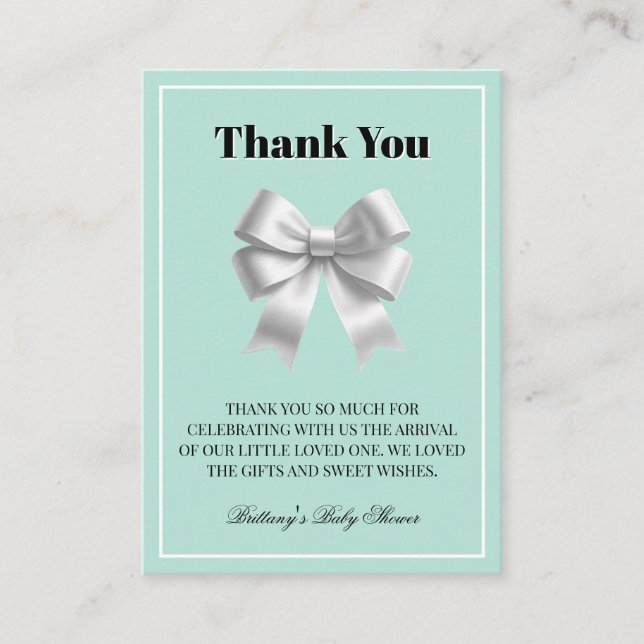 Silver Bow Teal Blue Baby Shower Thank you  Enclosure Card (Front)