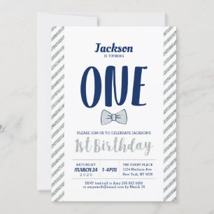 Silver, Bow Tie   Boy 1st Birthday Invitation