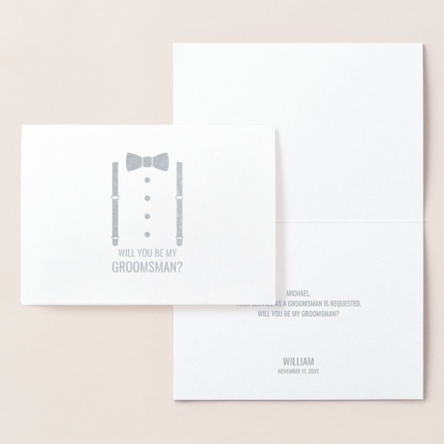 Silver Bow Tie Personalised Groomsman Proposal Foil Card (Display)