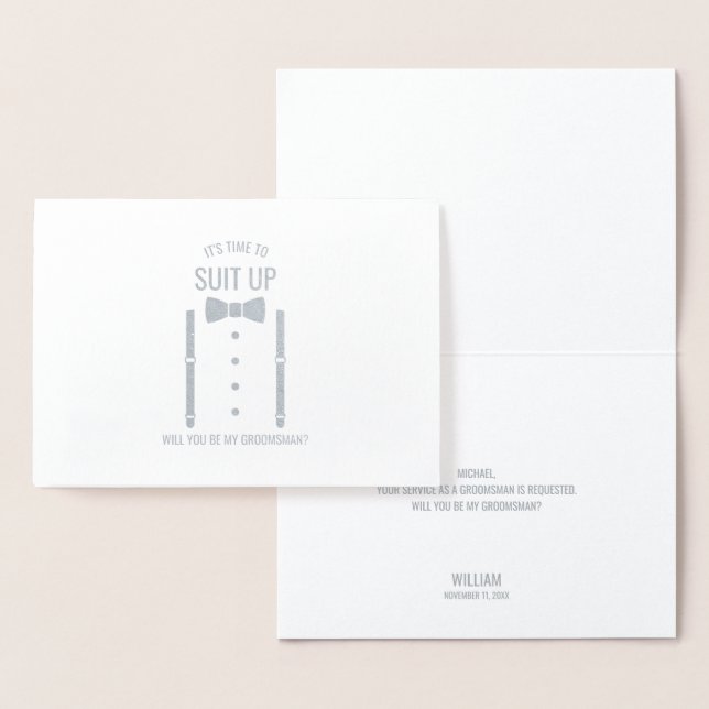 Silver Bow Tie Personalised Groomsman Proposal Foil Card (Display)