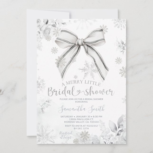 Silver Bow Winter A Merry Little Bridal Shower Invitation (Front)