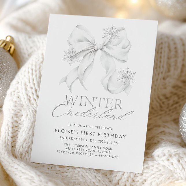 Silver Bow Winter Onederland 1st Birthday Invitation (Creator Uploaded)