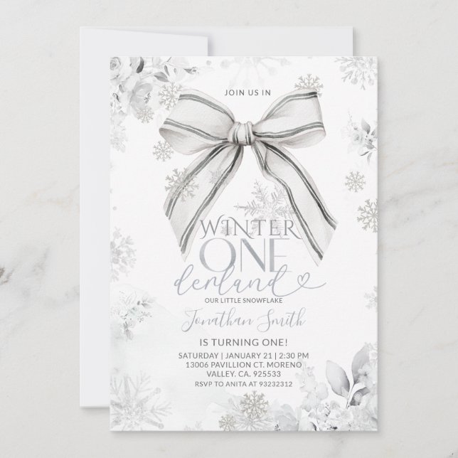 Silver Bow Winter Onederland Snowfall 1st Birthday Invitation (Front)