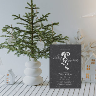 Silver Bow Winter Snow Dark Grey Baby Shower Invitation