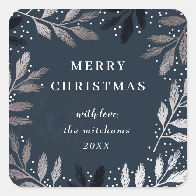 Silver Branch Merry Christmas Holiday Square Sticker (Front)