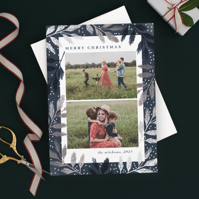Silver Branches 2 Photo Christmas Holiday Card (Creator Uploaded)