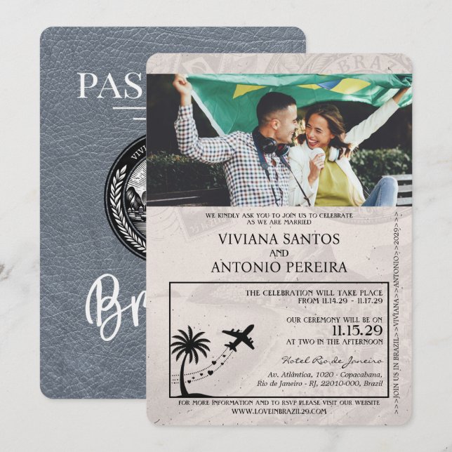 Silver Brazil Passport Wedding Invitation (Front/Back)