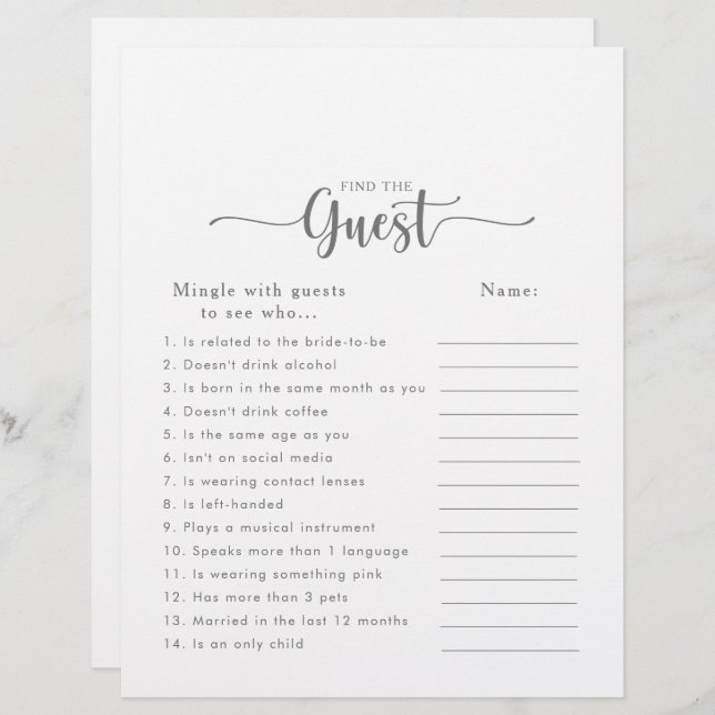 Silver Bridal Shower Find the Guest Game (Front/Back)