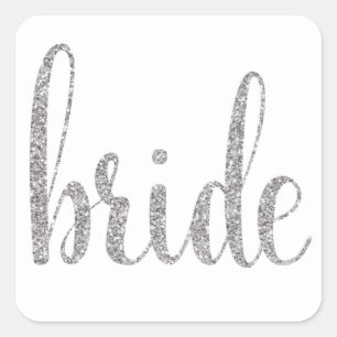 Silver bride stickers, glitter font square sticker