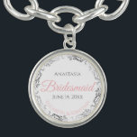 Silver Bridesmaid Charm Bracelet Wedding Favor<br><div class="desc">These charm bracelets are designed to give as favors to bridesmaids in your wedding party. Designed to coordinate with our Pink & Gray Elegant Wedding Suite, they feature a simple yet elegant design with a white background, Pink & Gray, and a silver faux foil floral border. Perfect way to thank...</div>
