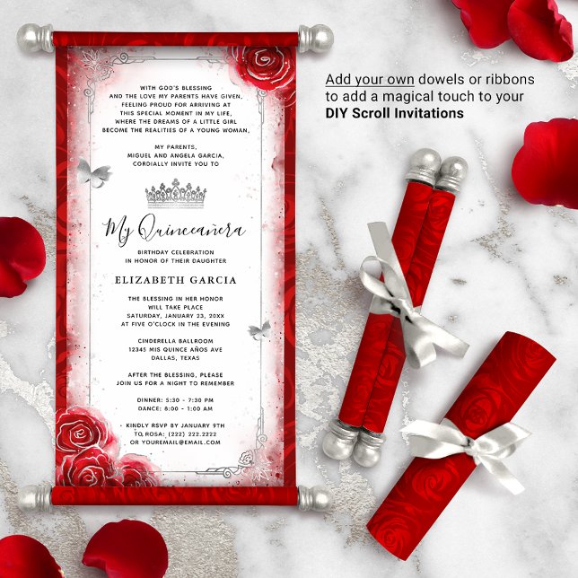 Silver Bright Red Quince DIY Scroll Invitations (How will you present your red quinceanera DIY scrolls? There are so many creative possibilities!)