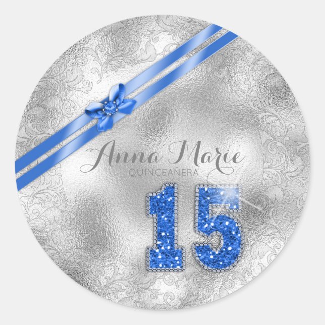 Silver Brocade Fifteenth Birthday Blue ID382 Classic Round Sticker (Front)