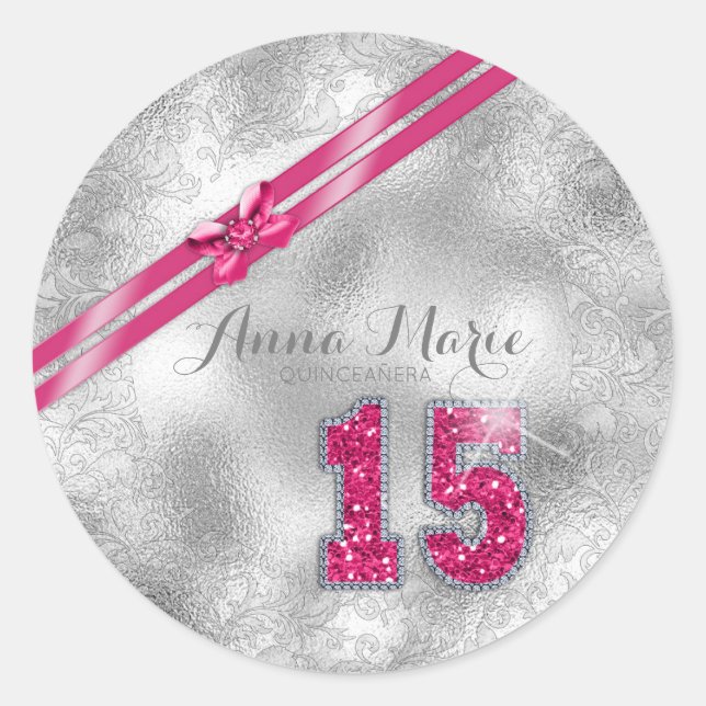 Silver Brocade Fifteenth Birthday Hot Pink ID382 Classic Round Sticker (Front)