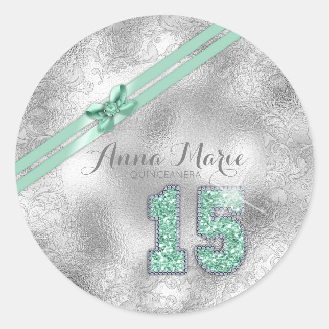 Silver Brocade Fifteenth Birthday Mint Green ID382 Classic Round Sticker (Front)