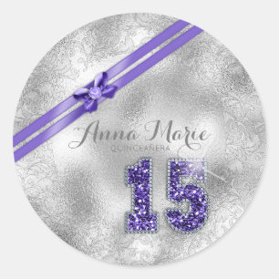 Silver Brocade Fifteenth Birthday Purple ID382 Classic Round Sticker