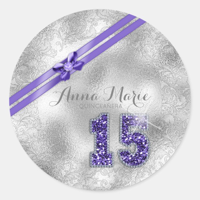 Silver Brocade Fifteenth Birthday Purple ID382 Classic Round Sticker (Front)