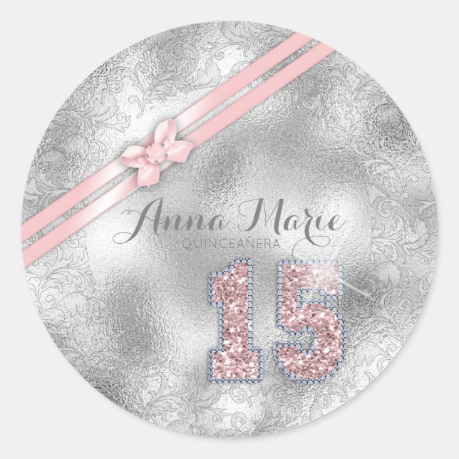 Silver Brocade Fifteenth Birthday Rose Gold ID382 Classic Round Sticker (Front)