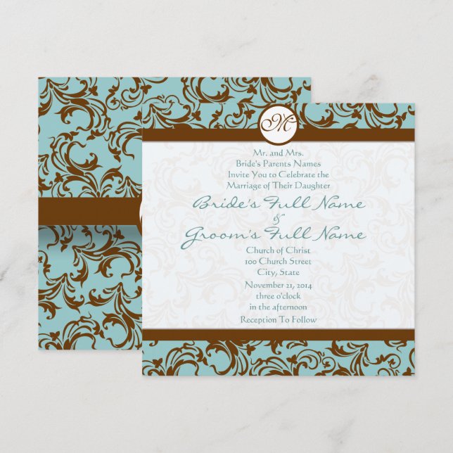 Silver Brown Damask Aqua Blue Wedding Invitation (Front/Back)