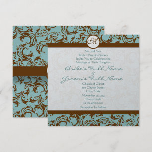 Silver Brown Damask Aqua Blue Wedding Invitation