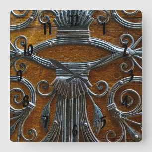 Silver brown wood funky looking door square wall clock