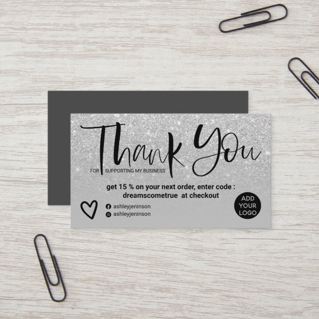 Silver brush font chic grey order thank you business card (Front/Back In Situ)