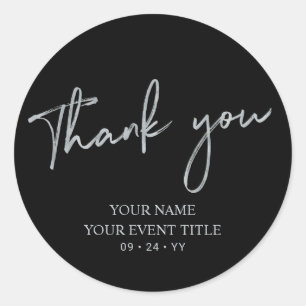 Silver Brush Script Birthday Party Thank you Favou Classic Round Sticker