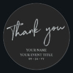 Silver Brush Script Birthday Party Thank you Favou Classic Round Sticker<br><div class="desc">This simple custom thank you sticker will add stylish detail to your special day. This design features modern silver script lettering " Thank you" with custom text. Matching 21st birthday invitations and party supplies are available in my shop BaraBomDesign.</div>