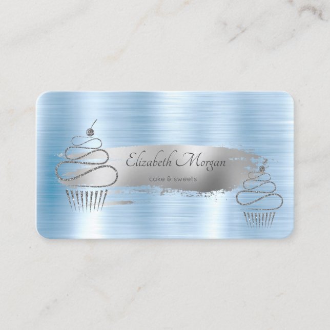 Silver Brush Stroke,Glitter Cupcakes Blue Metallic Business Card (Front)