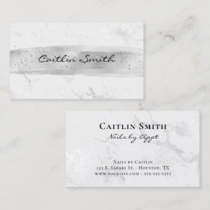 Silver Brush Stroke Silver White Foil Marble Business Card