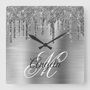Silver Brushed Foil Glitter Drip Fancy Monogram Square Wall Clock