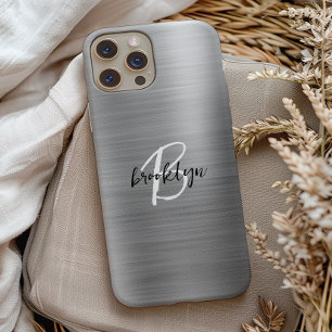 Silver Brushed Metal Black White Script Monogram  iPhone 15 Case