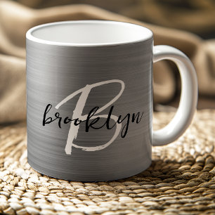 Silver Brushed Metal Black White Script Monogram  Coffee Mug