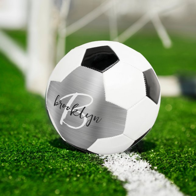 Silver Brushed Metal Black White Script Monogram  Football (Creator Uploaded)