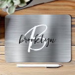 Silver Brushed Metal Black White Script Monogram  Mouse Mat<br><div class="desc">This elegant personalised mouse pad features a monogram and first name in modern black and white script on a glam silver brushed metal background.</div>