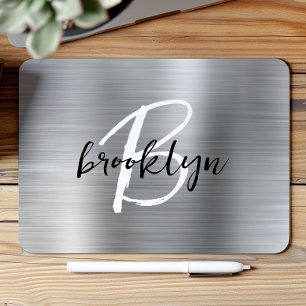 Silver Brushed Metal Black White Script Monogram  Mouse Mat