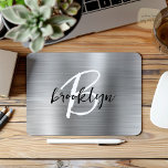 Silver Brushed Metal Black White Script Monogram  Mouse Mat<br><div class="desc">This elegant personalised mouse pad features a monogram and first name in modern black and white script on a glam silver brushed metal background.</div>