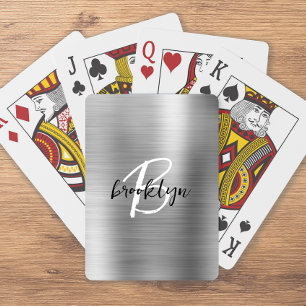 Silver Brushed Metal Black White Script Monogram Playing Cards