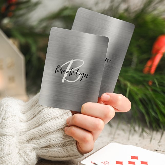 Silver Brushed Metal Black White Script Monogram  Playing Cards (Creator Uploaded)