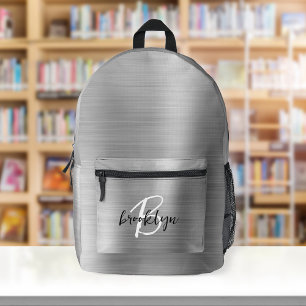 Silver Brushed Metal Black White Script Monogram  Printed Backpack