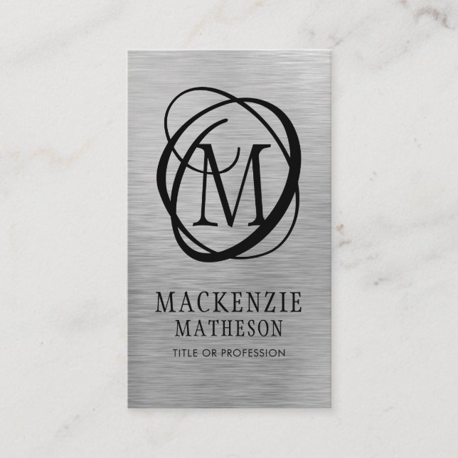 Silver Brushed Metal Elegant Monogram Business Card (Front)