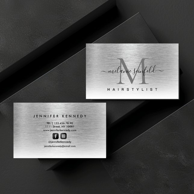 Silver Brushed Metal Elegant Monogram Modern Business Card (Silver Brushed Metal Elegant Monogram Modern Business Card)