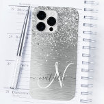 Silver Brushed Metal Glitter Monogram Name<br><div class="desc">Easily personalise this trendy chic phone case design featuring pretty silver sparkling glitter on a silver brushed metallic background.</div>