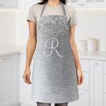 Silver Brushed Metal Glitter Monogram Name Apron<br><div class="desc">Easily personalise this trendy chic apron design featuring pretty silver sparkling glitter on a silver brushed metallic background.</div>