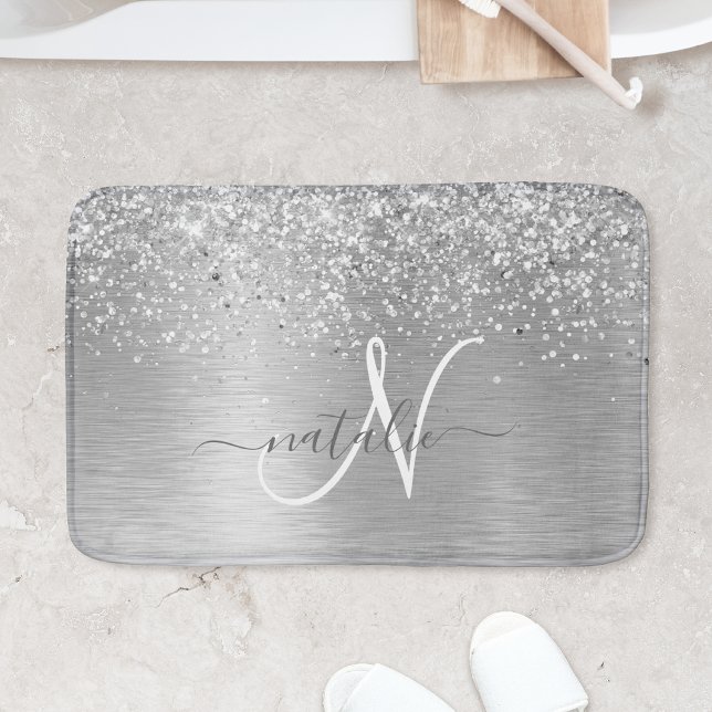 Silver Brushed Metal Glitter Monogram Name Bath Mat (Creator Uploaded)