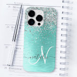 Silver Brushed Metal Glitter Monogram Name Case-Ma Case-Mate iPhone 14 Pro Case<br><div class="desc">Easily personalise this trendy chic phone case design featuring pretty silver sparkling glitter on a silver brushed metallic background.</div>