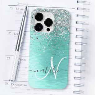 Silver Brushed Metal Glitter Monogram Name Case-Ma iPhone 14 Pro Case